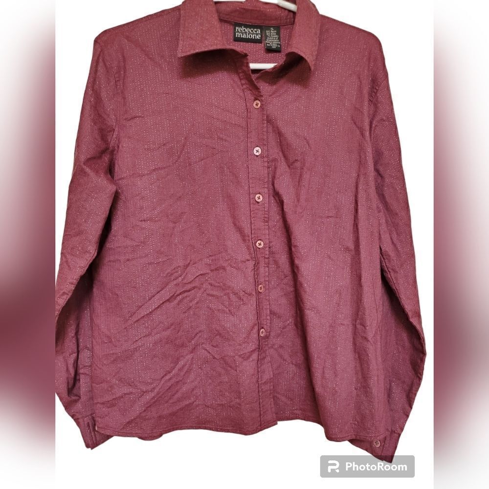 Rebecca Malone Metallic Shimmer Button Up Blouse XL Purple Office Career Top